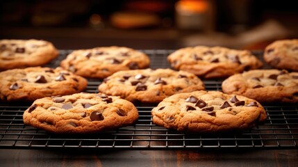 Poster -  a bunch of chocolate chip cookies cooling on a wire rack on top of a wooden table with a lit candle in the background.  generative ai