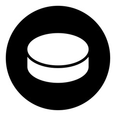 Poster - A hockey puck in the center. Isolated white symbol in black circle. Vector illustration on white background