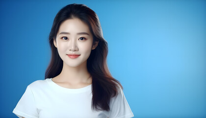 Beautiful korean woman with a white t-shirt on a blue background with empty space for text. Copy space