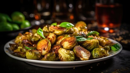 Poster -  a white plate topped with brussel sprouts next to a cup of tea and a glass of tea.  generative ai