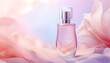 Beautiful perfume bottle on a folded pink silk fabric background for product presentation with empty space for text. Product mockup