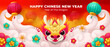 Chinese new year horizontal Cartoon banner with cute little dragon and hanging lantern