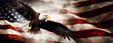 flying bald eagle on american flag. freedom and independence concept. 4th of july background. banner with copy space