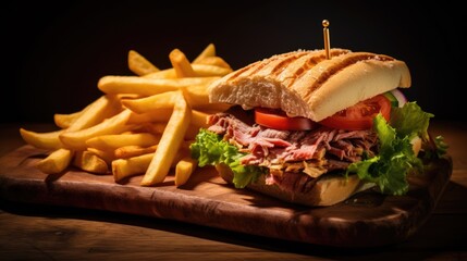 Wall Mural -  a roast beef sandwich with lettuce, tomatoes, and tomatoes on a cutting board next to french fries.  generative ai