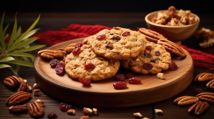 Sticker -  three cookies with cranberries and pecans on a wooden plate with a bowl of pecans in the background.  generative ai