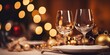 Beautiful table setting for Christmas dinner at home on blurred lights background, festive banner features champagne glasses, blurred holiday lights, setting the scene for a celebratory atmosphere