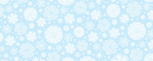 Wall Mural - Blue christmas banner with white snowflakes. Merry Christmas and Happy New Year greeting banner. Horizontal new year background, headers, posters, cards, website.Vector illustration