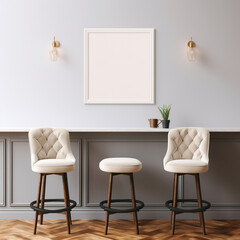 mockup of an empty frame on the wall in a cafe with bar stools