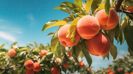 Canvas Print -  a tree filled with lots of ripe peaches on top of a blue sky filled with wispy clouds.  generative ai