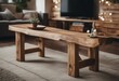 Boho farmhouse home interior design of modern living room Rustic bench made from wooden slab