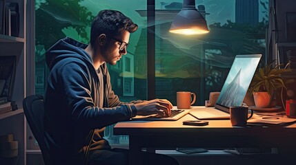 Poster -  a man sitting at a desk in front of a laptop computer in front of a window with a view of the city.  generative ai