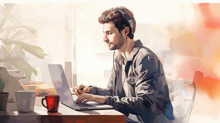 Poster -  a man sitting at a desk with a laptop computer in front of him and a cup of coffee in front of him.  generative ai