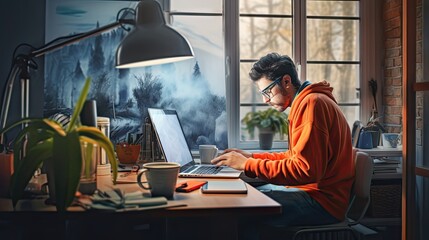 Poster -  a man sitting at a desk with a laptop in front of him and a cup of coffee in front of him.  generative ai