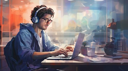  a man sitting at a desk with a laptop computer and headphones on his ears, working on a computer.  generative ai