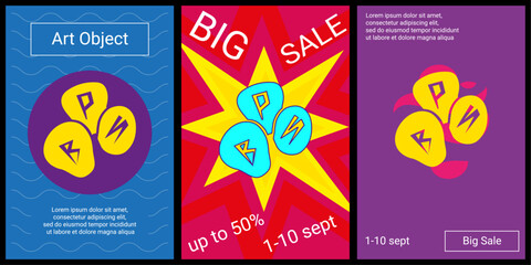 Poster - Trendy retro posters for organizing sales and other events. Large divination stones symbol in the center of each poster. Vector illustration on black background