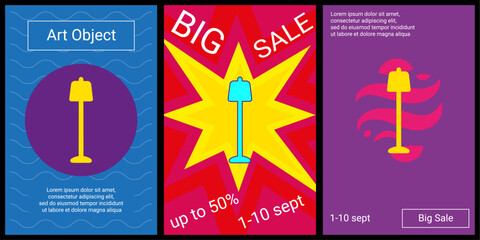 Poster - Trendy retro posters for organizing sales and other events. Large floor lamp symbol in the center of each poster. Vector illustration on black background