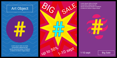 Poster - Trendy retro posters for organizing sales and other events. Large hash symbol in the center of each poster. Vector illustration on black background
