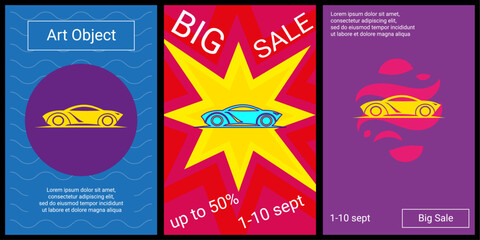 Poster - Trendy retro posters for organizing sales and other events. Large future car symbol in the center of each poster. Vector illustration on black background