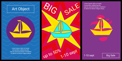 Poster - Trendy retro posters for organizing sales and other events. Large sailing boat symbol in the center of each poster. Vector illustration on black background