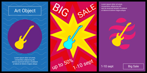 Poster - Trendy retro posters for organizing sales and other events. Large guitar symbol in the center of each poster. Vector illustration on black background