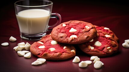 Wall Mural -  a pile of red velvet cookies next to a glass of milk with marshmallows on a red surface.  generative ai