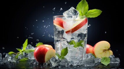 Canvas Print -  a glass of water with ice, apples and mint on a black background with a splash of water on the glass.  generative ai