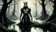 A huanted anthropomorphic humanoid Frog Prince with crown in the midst dark horror swamp, Frog prince concept art illustration for design template. Generative AI