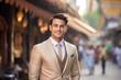 Wealthy attractive happy young male executive smiling looking away posing in downtown mumbai.