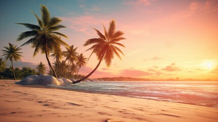 Canvas Print -  a tropical sunset with palm trees on the beach and footprints in the sand on the shore of a tropical beach.  generative ai