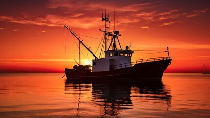 Wall Mural -  a boat floating on top of a large body of water under a red and orange sky in the middle of the ocean.  generative ai