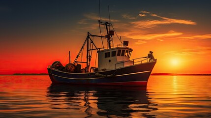 Wall Mural -  a boat floating on top of a body of water under a red and blue sky with the sun setting in the background.  generative ai