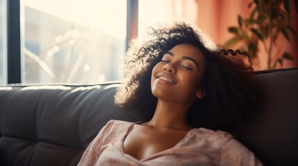 Happy chilled African American young woman relaxing on cozy sofa on bright modern home background with copy space, have fun at home, happy holidays concept.
