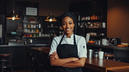 Poster -  a woman in an apron standing in front of a bar with her arms crossed and a smile on her face.  generative ai