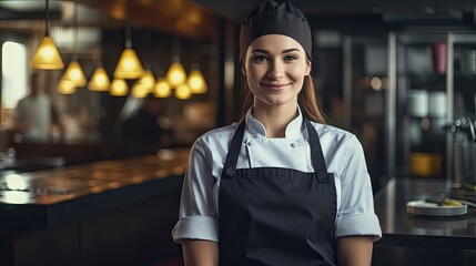 Poster -  a woman in a chef's hat standing in front of a counter with a plate of food on it.  generative ai