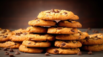 Poster -  a stack of chocolate chip cookies sitting on top of a table next to a pile of chocolate chip cookies on top of a table.  generative ai