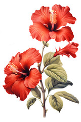 Wall Mural - Hibiscus or Rose of Sharon branch with red flower, transparent background