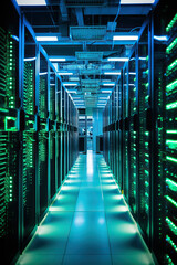 Close up of a modern data center with racks of servers, cooling systems, and technicians managing the digital infrastructure that powers our interconnected world