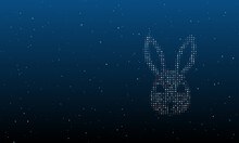 On The Right Is The Cute Hare Head Symbol Filled With White Dots. Background Pattern From Dots And Circles Of Different Shades. Vector Illustration On Blue Background With Stars