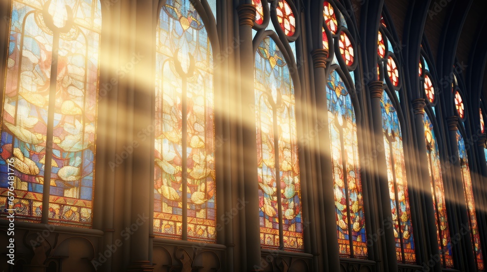 sunlight streaming through a stained glass window in a cathedral with ...