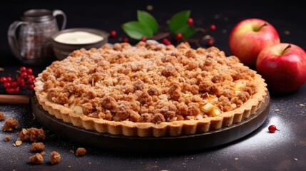 Sticker -  a pie sitting on top of a black table next to a cup of coffee and an apple and cinnamon stick.  generative ai