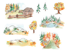 Watercolor Autumn Mountains. Fall At Forest. Watercolor Fall Landscape. Nature Illustration.