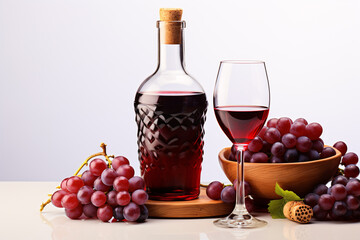 A glass of vino, a bunch of grapes, and a decanter displayed on a white backdrop.