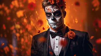  a man in a tuxedo with a skull painted on his face and a rose in his lapel.  generative ai