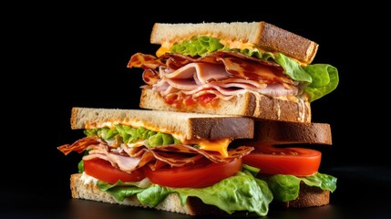 Sticker -  a cut in half sandwich stacked on top of each other with lettuce, tomato, bacon, and tomato slices.  generative ai