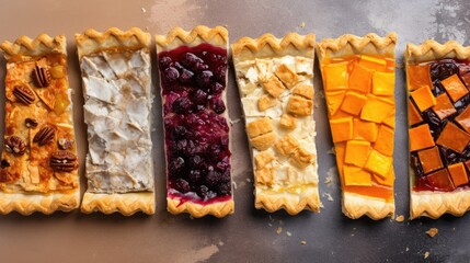 Canvas Print -  four pies lined up in a row with different toppings on top of each one of the pies is topped with blueberries, peaches, cranberries, pecans, and pecans, and pecans.  generative ai