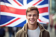 A mature British gentleman poses proudly with the UK flag, embodying the essence of English identity in a portrait.
