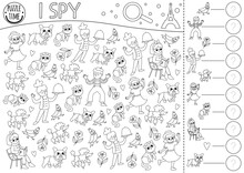 France Black And White I Spy Game For Kids. Searching And Counting Activity With People, Animals. French Printable Line Worksheet. Simple Spotting Puzzle Or Coloring Page With Chef, Mime, Rose, Girl.