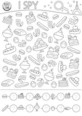 Wall Mural - France black and white I spy game for kids. Searching and counting line activity with traditional French desserts. Printable worksheet or coloring page. Simple spotting puzzle with macaroon, eclair.