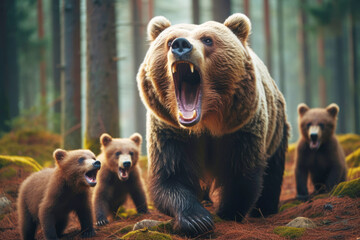 Wall Mural - The brown bear family, surrounded by the lush forest of nature, portrays a scene of maternal care and the inherent danger