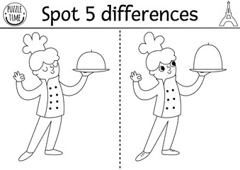 Wall Mural - Find differences game for children. Educational black and white activity with cute chef and plate with closh. Puzzle for kids with French character. Printable worksheet or coloring page.